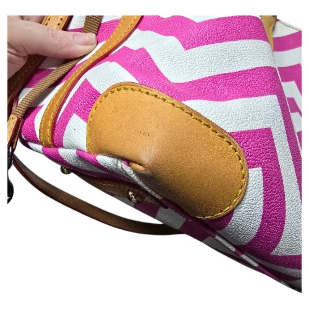 Dooney And Bourke Pink And White Chevron Satchel With Leather Trim - Picture 10 of 16